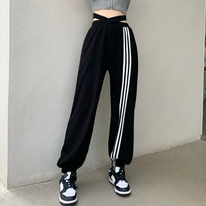 Nouveau femmes taille haute évider patchwork rayure sport décontracté lâche pantalon de survêtement pantalon long grande taille SML