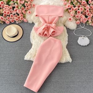 Nouvelles femmes sexy slash cou épaules dénudées taille mince volants peplum haut et crayon midi jupe longue twinset costume de fête SML