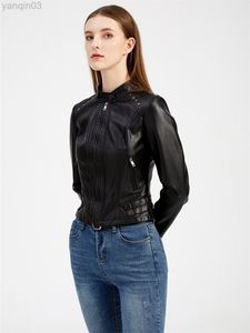 2022 nouvelles femmes printemps automne court Rivet col montant à manches longues fermeture éclair mince Pu veste en cuir pour femme L220801