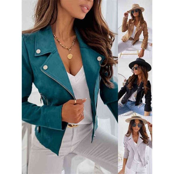 2022 nouvelles femmes printemps PU veste en cuir manteau mode à manches longues mince costume veste dame couleur unie fermeture éclair hauts S-2XL pleine taille L220728