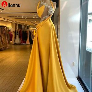 2022 Nouvel An Élégant Jaune De Luxe Sirène Robes De Soirée Plis Perlés Dentelle Top Illusion Robes De Bal Satin Ruché Robe De Soirée Formelle Robe De Novia