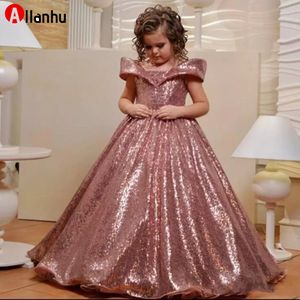 2022 Nouvel An Rose Or Paillettes Fleur Filles Robes pour Mariage Hors Épaule Cap Manches Première Communion Robe Enfants Robe De Bal Filles Pageant Robes