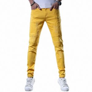 2022 Nouveau Jaune Rouge Blanc Jeans Hommes Fi Slim Fit Pantalon Droit Été Streetwear Ripped Patch Denim Pantalon L3Tk #