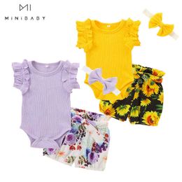 2022 Pasgeboren babymeisje Set tweeling kleding zomer bodysuit shorts 3 stcs baby voor kinderen zonnebloem babykleding peuter kostuum G220509