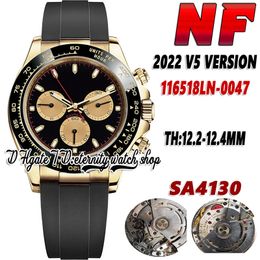 2022 NF V5 TH: 12.4mm Po116518 SA4130 Chronograaf Automatische Herenhorloge Black Dial SS 904L RVS Gouden Case Rubber Strap Super Version Eternity Horloges S116519