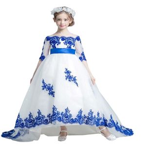 2022 Off Boîte à demi-manches Robes de fille de fleur mariage Royal Blue Applique High Train First Communion Party Robe Kids 244V