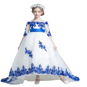 2022 Off Boîte à demi-manches Robes de fille de fleur mariage Royal Blue Applique High Train First Communion Party Robe Kids250g