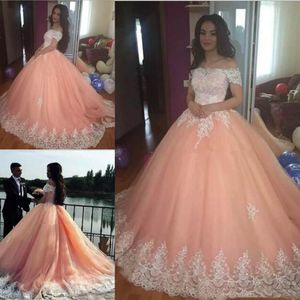 2022 Off The Shoulder Applicaties Tule Quinceanera Jurken Vloer Lengte Baljurk Formele Prom Jurken Verjaardag Jurk Avondjurken