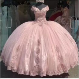 2022 hors de l'épaule bouffante rose robes de Quinceanera dentelle Applqiue douce 16 robes de bal dentelle vestidos de 15 anos robe