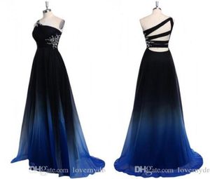 2022 Ombre gradiant kleur avondjurk een schouder Empire Taille Chiffon Black Royal Blue Designer Long Cheap Prom Formal Special2600384