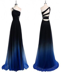 2022 Robes de soirée de couleur gradatrice Ombre One épaule Empire Taies en mousseline de soie noir Royal Blue Long pas cher Page Formal Pagea5584774