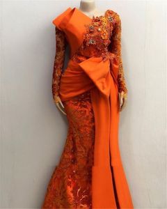 2022 Orange sirène robes de bal africaine arabe Aso Ebi à manches longues 3D dentelle florale plissée grand arc soirée robe de fiançailles