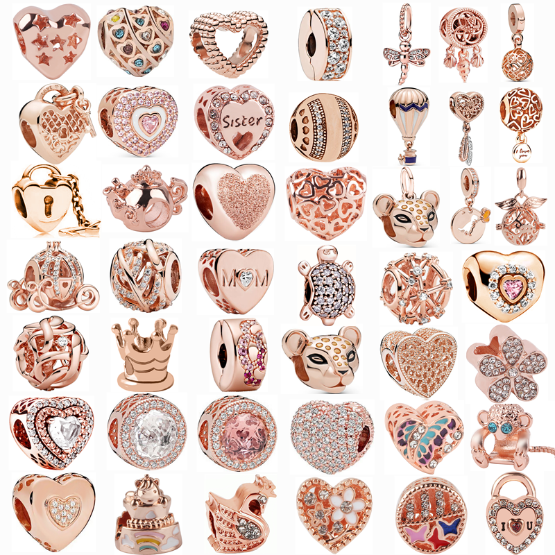 2022 oryginalne koraliki ze srebra próby 925 różowe złoto musujące serce zamek na klucz wisiorek wisiorek z koralikami Fit Pandora Charms bransoletki kobiety DIY biżuteria