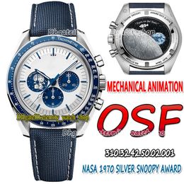2022 OSF Moonwatch Silver Snoop Award Reloj para hombre Cuerda manual Cronógrafo Esfera blanca 50 aniversario (Animación mecánica real) Correa de nylon azul Relojes de eternidad