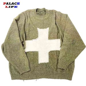 2022 surdimensionné pull tricoté hommes vert lâche croix motif femme haute qualité haute rue dommage trou Vintage pull T220730