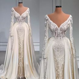 2022 Overskirt Mermaid Wedding Dresses Bridal Gown Sweep Train Satin Beaded Lace Applique Tulle Long Sleeves Custom Made Plus Size Beach vestido de novia
