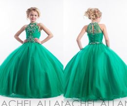 2022 Vestidos del desfile Rachel Allan Glitz Vestido de magdalena Halter Sin mangas Princesa Cristal Rebordear Vestido verde para niñas Vestidos de cumpleaños 6214339