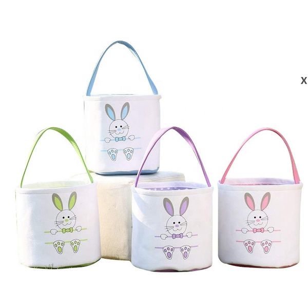 2022 Party Bunny Face Seau imprimé Panier de lapin de Pâques Paniers de chasse aux œufs de Pâques avec poignée Sac fourre-tout en peluche pelucheux RRD12564