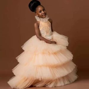 2022 pêche mignonne princesse filles Pageant robes perles de cristal col haut sans manches tulle à plusieurs niveaux volants ruché étage longueur enfants mariage fleur filles robe grande taille