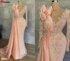 2022 Rose pêche à manches longues robes de bal en dentelle scintillante perlée Illusion sirène Aso Ebi robe de soirée africaine WJY5913622216