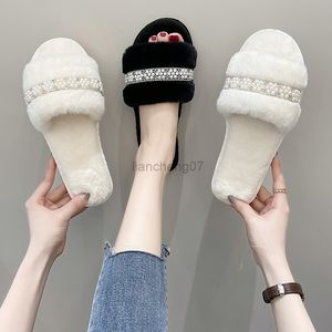 2022 perle décoration femmes intérieur fourrure bout ouvert pantoufles dames doux peluche moelleux fausse fourrure maison diapositives hiver chaussures chaudes G220816