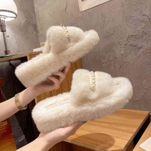 2022 Pearl Decoratie vrouwen indoor harige open teen slippers dames zacht pluche pluizige faux bont huis glijbanen winter warme schoenen g220730