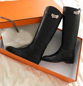 2022 PERFECTE Merken Jumping Tall Boot Kelly Buckles dames echte lederen kneeboots Black Brown Ladies Martin Booties Female KNI3319075