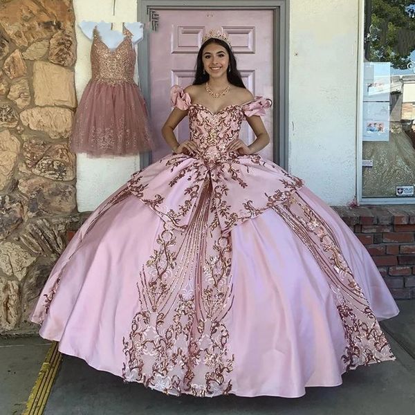 2022 vestido de fiesta rosa vestidos de quinceañera encaje lentejuelas princesa vestidos de graduación falda de satén fuera del hombro dulce 15 vestido de mascarada