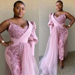 2022 Roze jumpsuit zeemeermin avondjurken een schoudergrenzen Appliques Lace Plus size prom jurk African Formal Party Wear