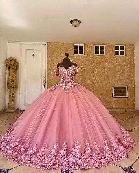 2022 rose hors de l'épaule robe De bal robes De Quinceanera à lacets dos doux 16 robe De soirée Appliques Vestido De 15 Anos