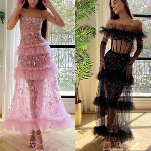 2022 Pink Popular Prom -jurken kanten illusie vloer lengte pailletten applique feestjurken avondjurken op maat gemaakte speciale gelegenheid jurk feestjes plus maat in de zomer