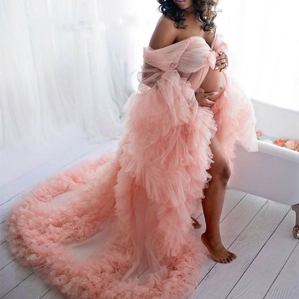 2022 Pink Pregnant Femen Women Dress Maternity Ruffles Robes para Sesión de fotos o Baby Shower African Plus Tamaño Robe