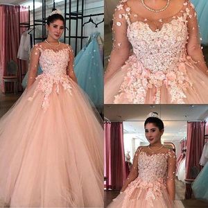 2022 Roze Quinceanera -jurken Baljurk schep nek lange mouwen 3D bloemen bloemen kanten appliques kristallen kralen zoet 16 Vestido de 15 anos quinceanera