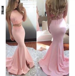 2022 Pink Two Piece Prom Dresses Sexy Halter Satin Jewel Neck Apliques de encaje por encargo African Evening Party vestido de talla grande