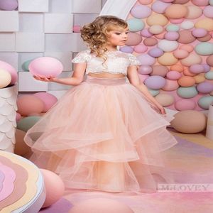2022 Roze twee stuks kanten ball jurk bloemenmeisje jurken 3 4 vintage kinderkoppeling met lange mouwen jurken mooi 2672