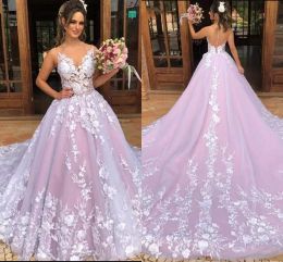 2022 Pink Wedding Dresses Bridal Gown A Line Illusion Covered Buttons Lace Applique Sleeveless Sweep Train Custom Made Beach Garden vestido de novia