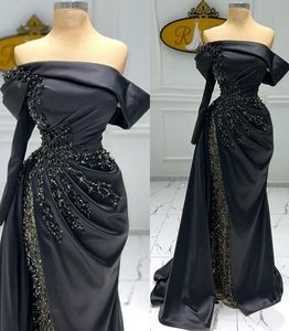 2022 Plus La Taille Arabe Aso Ebi Noir Luxueux Sirène Robes De Bal Perles Perles Soirée Formelle Partie Deuxième Réception Anniversaire Robes Robe