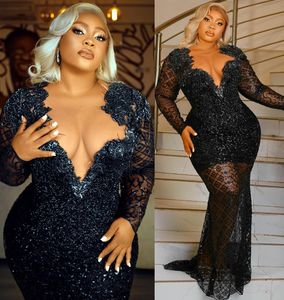 2022 Plus Size Arabische ASO EBI Black Mermaid Luxurious Prom Jurken Lange Mouwen Avond Formele Partij Tweede Ontvangst Verjaardag Engagement Glozen Jurk ZJ306