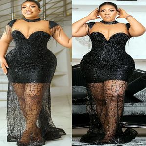 2022 Plus size Arabische Aso Ebi Black Mermaid Sparkly Prom jurken Garnes Sexy Evening Formele feest tweede receptie Verjaardagsbetrokkenheid Bruidsmeisjes jurken jurk zj22