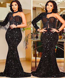 2022 Plus Size Arabisch ASO EBI Black Mermaid Sparkly Prom Dresses Beaded Lange Mouw Avond Formele Partij Tweede Ontvangst Verjaardag Verlovers Bruidsmeisjesjurken