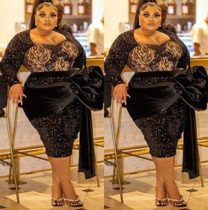 2022 Plus size Arabisch aso ebi zwart sexy sparky prom jurken knie lengte avond formeel feest tweede receptie verjaardag verloving bruidsmeisje jurken jurk zj605