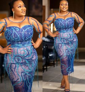 2022 Plus Size Arabisch ASO EBI Blue Luxurious Schede Prom Dresses Sheer Neck Evening Formele Partij Tweede Ontvangst Verjaardag Verlofjurken Jurk ZJ567