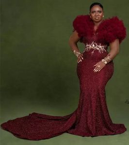 2022 Plus taille arabe aso ebi borgogne spartement sirène des robes de bal de bal paillettes en soirée élégante fête formelle deuxième robes de réception wly935