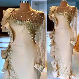 2022 Plus la taille arabe Aso Ebi Champagne sirène sexy robes de bal dentelle perlée soirée formelle deuxième réception anniversaire robes de fiançailles robe