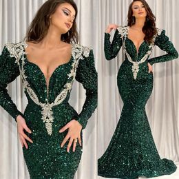 2022 Plus size Arabisch Aso Ebi Dark Green Mermaid Prom Dresses Lace Sparkly Evening Formeel feest tweede receptie verjaardag verlovingsjurken jurk zj273