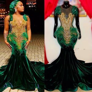 2022 Plus size Arabische Aso ebi Dark Green Mermaid Prom Dresses Velvet kralen kristallen avond formeel feest tweede receptie verjaardag verlovingsjurken jurk zj366