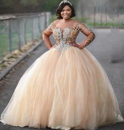 2022 Plus Size Arabisch ASO EBI Goud Luxe Sexy Trouwjurk Sheer Neck Kant Beaded Bridal Jurken Jurken ZJ774