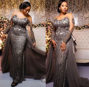 2022 Plus La Taille Arabe Aso Ebi Gris Brillant Sirène Robes De Bal Dentelle Perlée Soirée Formelle Deuxième Réception Anniversaire Robes De Fiançailles Robe ZJ670