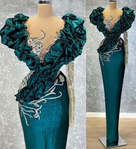 2022 Plus Size Arabisch Aso Ebi Hunter Groene Schede Prom Jurken Beaded Cystals Kant Evening Formele Partij Tweede Receptie Jurken Jurk ZJ374