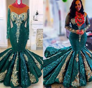 2022 Plus size Arabische Aso Ebi Hunter Green Mermaid Prom Dresses Lounded Lace Evening Formeel feest tweede receptie verjaardag verlovingsjurken jurk zj155